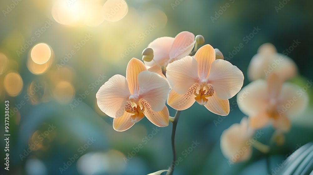 Poster exquisite photograph of a delicate vibrant orchid in full bloom with soft focus areas around the edg