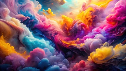 Obraz premium Vibrant, swirling clouds of colorful ink unfold in mesmerizing patterns, creating an abstract, dreamlike scene with shades of pink, blue, yellow, and purple.