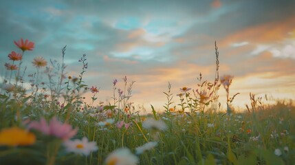 Obraz premium Serene meadow filled with a vibrant array of wildflowers captured at the golden hour of sunrise The soft hazy light creates a dreamy ethereal atmosphere against the expansive blue sky
