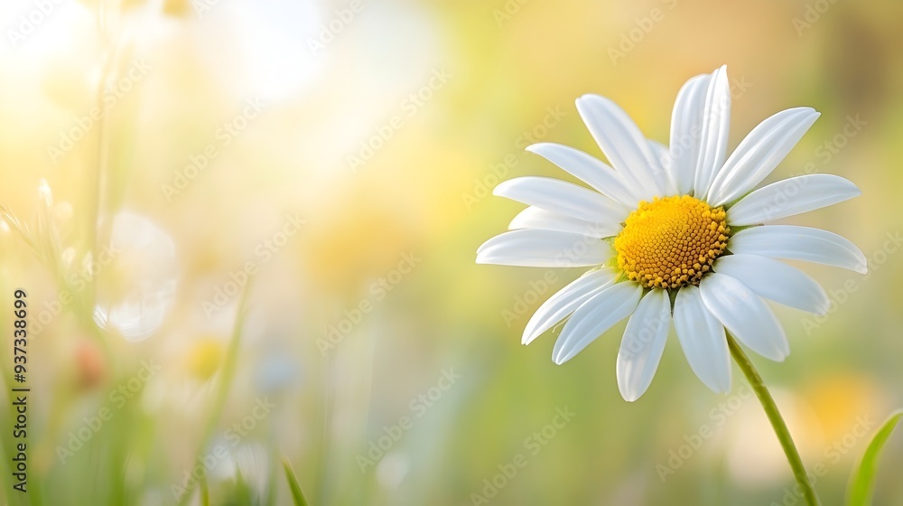 Poster a photograph of a single delicate daisy bloom in a lush verdant meadow field providing a clean natur