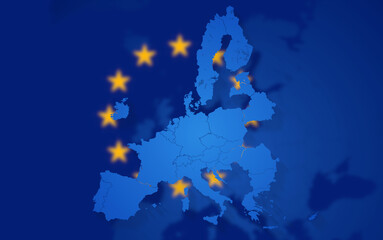 background creative abstract of  the European Union, EU, Europe, blue yellow background, simplified map as state-borders of Europe