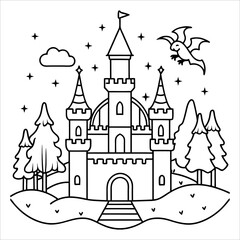 Fantasy Castle Scene with Majestic Towers, Dragons, and Enchanted Forests, Featuring Intricate Details and Magical Elements for Coloring