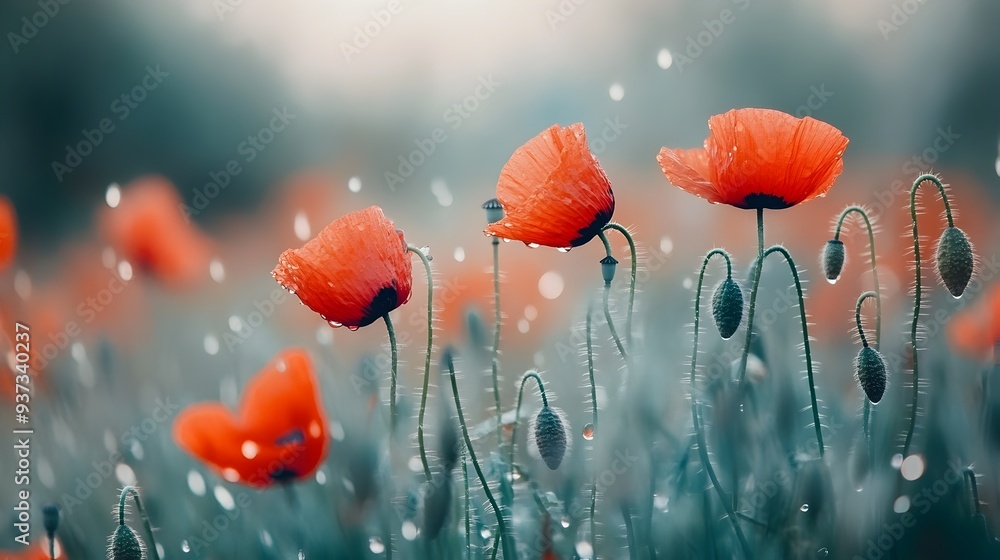 Poster serene image of vibrant red poppies swaying gently in a lush verdant summer field with a blurred dre