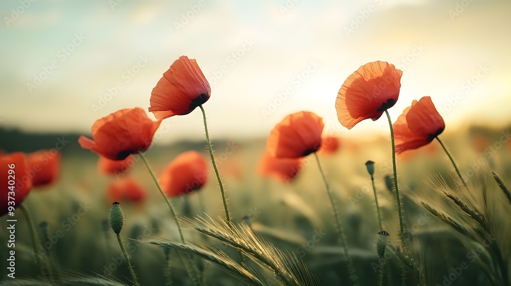 Poster stunning photograph showcasing a serene field of blooming red poppies swaying gracefully against a b