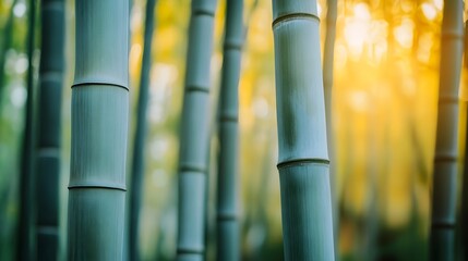 Tall lush bamboo stalks growing in a tranquil serene forest setting with a blurred natural background providing ample copy space for digital or print projects