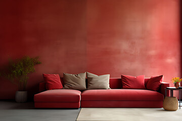 Red modular corner sofa against blank brown stucco wall with copy space. Loft interior design of modern living room, home