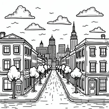Small city illustration in black and white for coloring books
