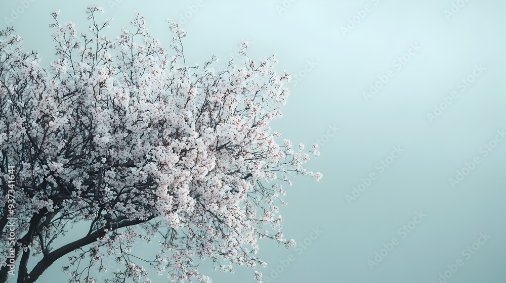Poster beautiful blossoming cherry tree with delicate pink and white flowers against a soft hazy sky backdr