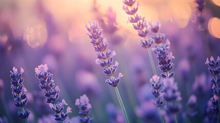 A serene and tranquil photograph showcasing a picturesque field of lavender at dusk capturing the peaceful atmosphere and natural beauty of the countryside