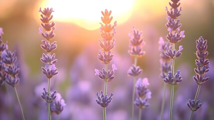 Fototapeta premium Tranquil scene of a vast lavender field captured at dusk providing ample blank space for text overlays or design elements The soothing purple hues and serene atmosphere create a calming