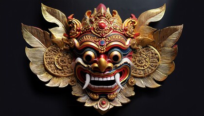Obraz premium Indonesian Balinese mask called Barong; Balinese masks symbolize the spirits from the ancestral world; scary and terrifying Balinese mask; spiritual and traditional mask in Bali Indonesia