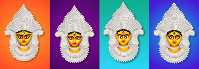 Set of goddess durga face illustration for happy durga puja festival banner design used for offer, discount, sales tags, print, banner, web banner, festival offer, social media post