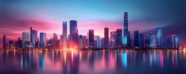 Obraz premium Cityscape at Dusk with Colorful Reflections - Digital Illustration