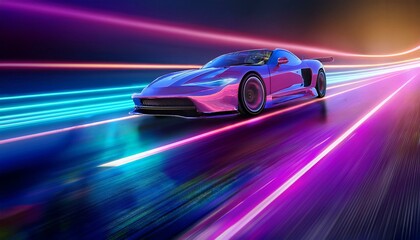 Obraz premium A futuristic modern car with neon lights and graphics racing in high speed; a retro-spec sports car with dynamic graphics around the car to show speed; animation style 