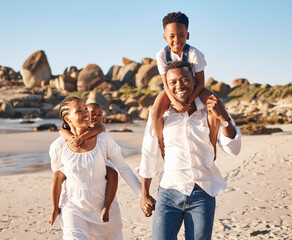 Piggyback, portrait and black family at beach for fun on tropical vacation, travel or getaway. Happy, shoulder carry and African children with parents by ocean on holiday, adventure or weekend trip.