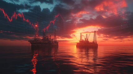 Obraz premium Oil Rigs at Sunset with Falling Stock Market Graph Overlay