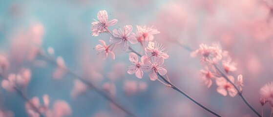Obraz premium Beautiful pink cherry blossoms gently sway against a serene blue background, embodying spring's essence and tranquility.