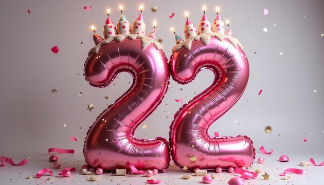 Number 22nd Birthday Balloon Celebration Cake, Adorned with Sparkling Confetti, Stars, Glitters, and Streamer Ribbons for a Festive Atmosphere