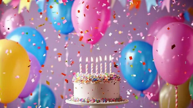 A festive birthday scene with a decorated cake, candles, and colorful balloons.
