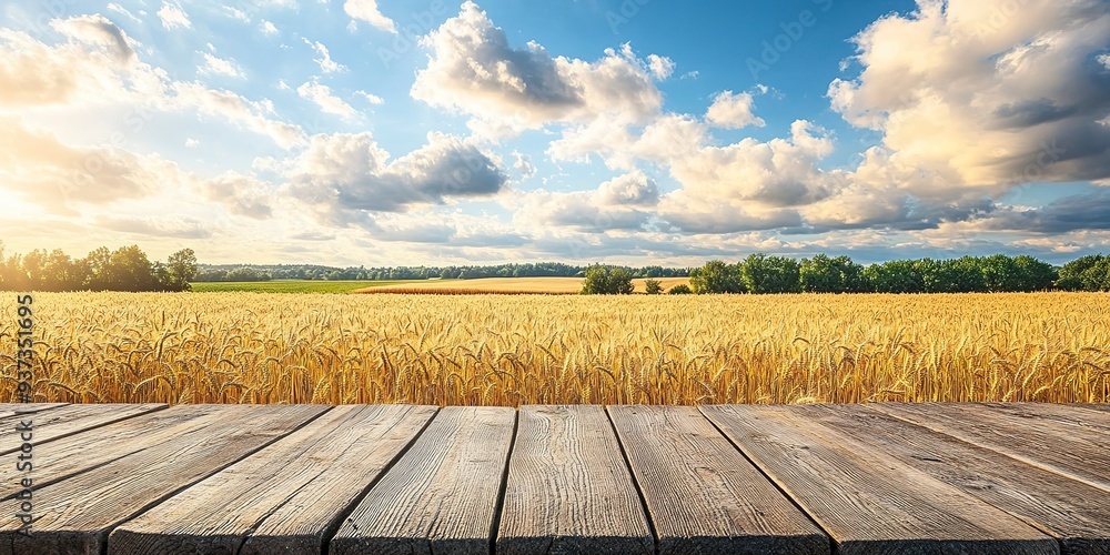 Poster an empty wooden table in front of a wheat field