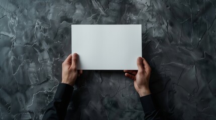 Naklejka premium A man is holding an empty white paper with his hands on a grey background. An empty space for a text, title, or a wish. Background with copy space.
