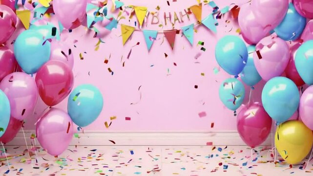 A festive party setup with balloons, confetti, and a decorative banner against a pink wall.