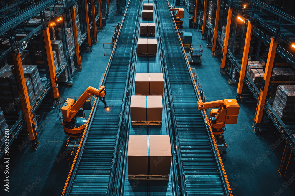Poster robotic arms efficiently sort boxes in a modern warehouse, showcasing the latest in automation and t