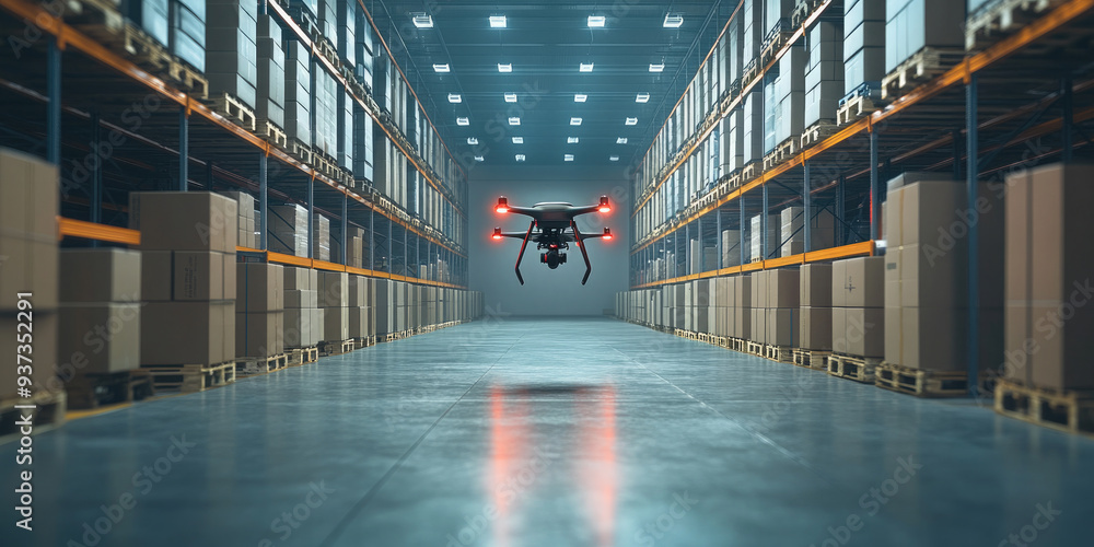 Poster Drone is flying through a warehouse full of shelves loaded with packages, representing the concept of automation in logistics. The image conveys a sense of efficiency and modernity