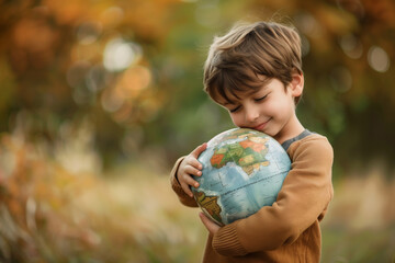 Child holding the earth on a green meadow.