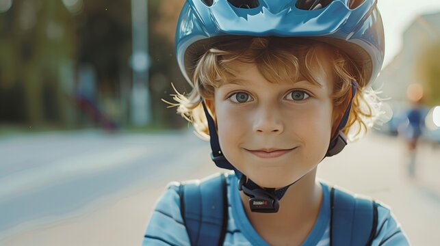 Closeup of a beautiful and cute little preschooler boy wearing a blue bike helmet, looking at the camera and smiling. Male kid or child checking safety before driving a bike outdoors in the summer 