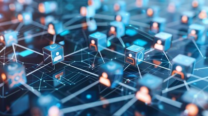 Cubes with icons of businesspeople, symbolizing corporate network and link connections. Global communication and worldwide company team network, community information exchange 