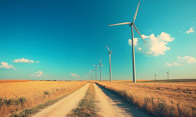 A row of wind turbines against a blue sky, symbolizing green energy and sustainable power. A modern wind farm with large turbines. Renewable energy.