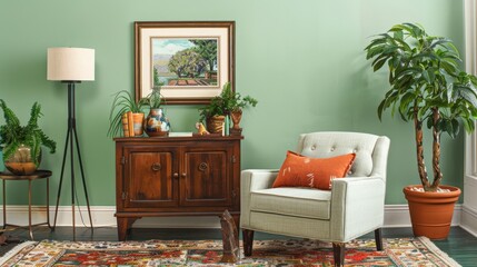 Eclectic Living Room with Sage Green Wall and Vintage Armchair