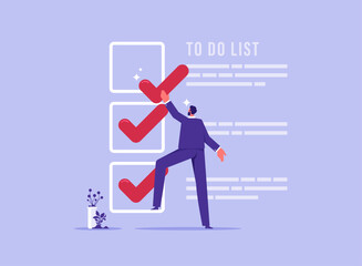 Complete to do list concept, accomplish project plan or finish tasks in schedule help achieve business goal and objective done, businessman tick finished working project task checkbox on todo list