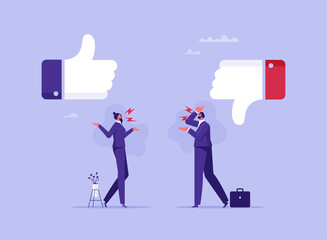 Conflict and argument between colleagues or people concept, controversy or difference opinion, disagree, businessman and woman furious arguing on difference thumb up and down
