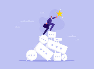 Feedback and comment for success concept, effective meeting or discussion to get solution and achieve target, businessman climb up conversation bubble to reach star