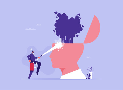 Cure anxiety and stress concept, therapy to cool down burning mind or anger, reduce burnout or mental illness, depression, man with fire extinguisher try to extinguish burning fire on human head