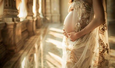 Mid section of pregnant woman standing in corridor. 