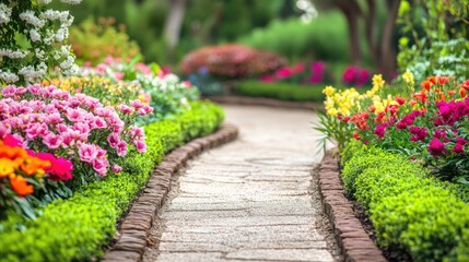 Obraz premium A beautiful garden pathway lined with colorful flowers and green shrubs, peaceful nature retreat concept