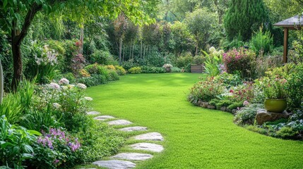 A beautiful green garden with a variety of plants, flowers, and a winding stone path, tranquil outdoor space