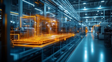 Holographic projection of industrial products in modern factories highlights advanced manufacturing technology, digital innovation, and high-tech industrial processes, integrating futuristic elements