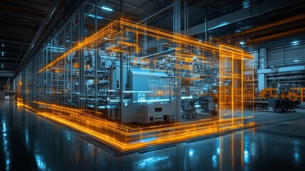 Fototapeta premium Holographic projection of industrial products in modern factories highlights advanced manufacturing technology, digital innovation, and high-tech industrial processes, integrating futuristic elements