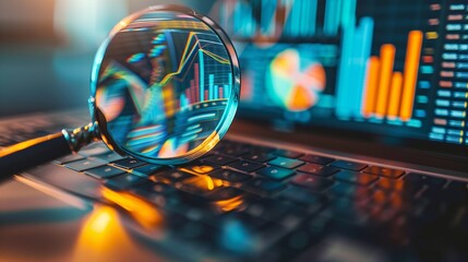 Magnifying glass or lupe placed on the laptop or notebook device keyboard, enlarging the website traffic metrics, graphs and analytics for the ranking of the blog on the internet or web online 