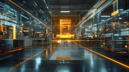 Holographic projection of industrial products in modern factories highlights advanced manufacturing technology, digital innovation, and high-tech industrial processes, integrating futuristic elements