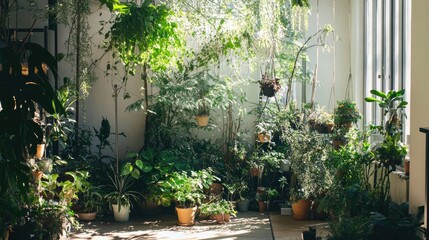 Fototapeta premium A beautiful indoor garden with a variety of potted plants and hanging vines, urban jungle and greenery