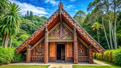Fototapeta premium Vibrant green forest surroundings with intricate carvings and woven flax patterns adorn a serene Maori meeting house, rich in cultural heritage and symbolism.