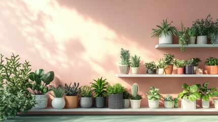 Fototapeta premium A beautiful indoor plant arrangement with a variety of potted plants on a shelf, modern home decor concept