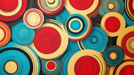 Naklejka premium A vibrant abstract composition featuring layered circles in red, blue, and gold tones.