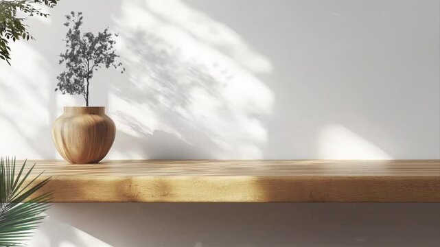 Interior wooden podium or table in sunlight, leaf foliage shadow on white wall product display animation looping video style background 