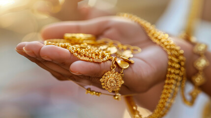 "Elegance in Detail: Close-Up of a Female Hand Adorned with Gold Jewelry"
"Golden Grace: Close-Up of a Hand Holding Exquisite Gold Ornaments"